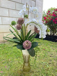 White Orchid Arrangement with Golden and White Vase